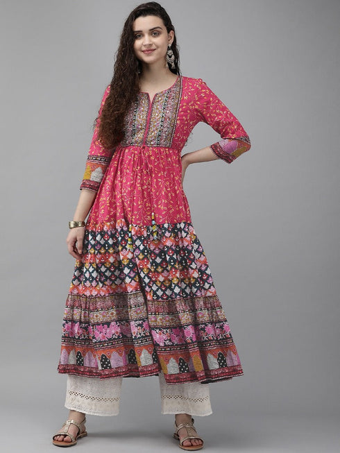 Women Pink Printed Pure Cotton Anarkali Kurta